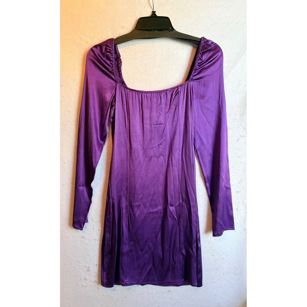 Zara Purple Satin Ruched Mini Dress Long Sleeve Sweetheart Tie NWT Large - Picture 4 of 8
